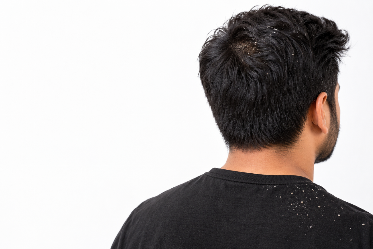 Man with visible dandruff flakes on his scalp and shirt