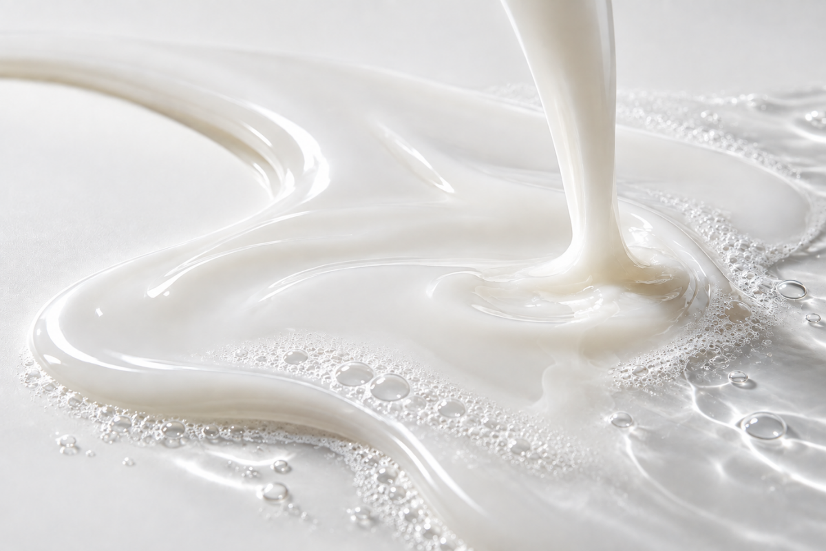 Close-up of a creamy cleanser texture with water and foam