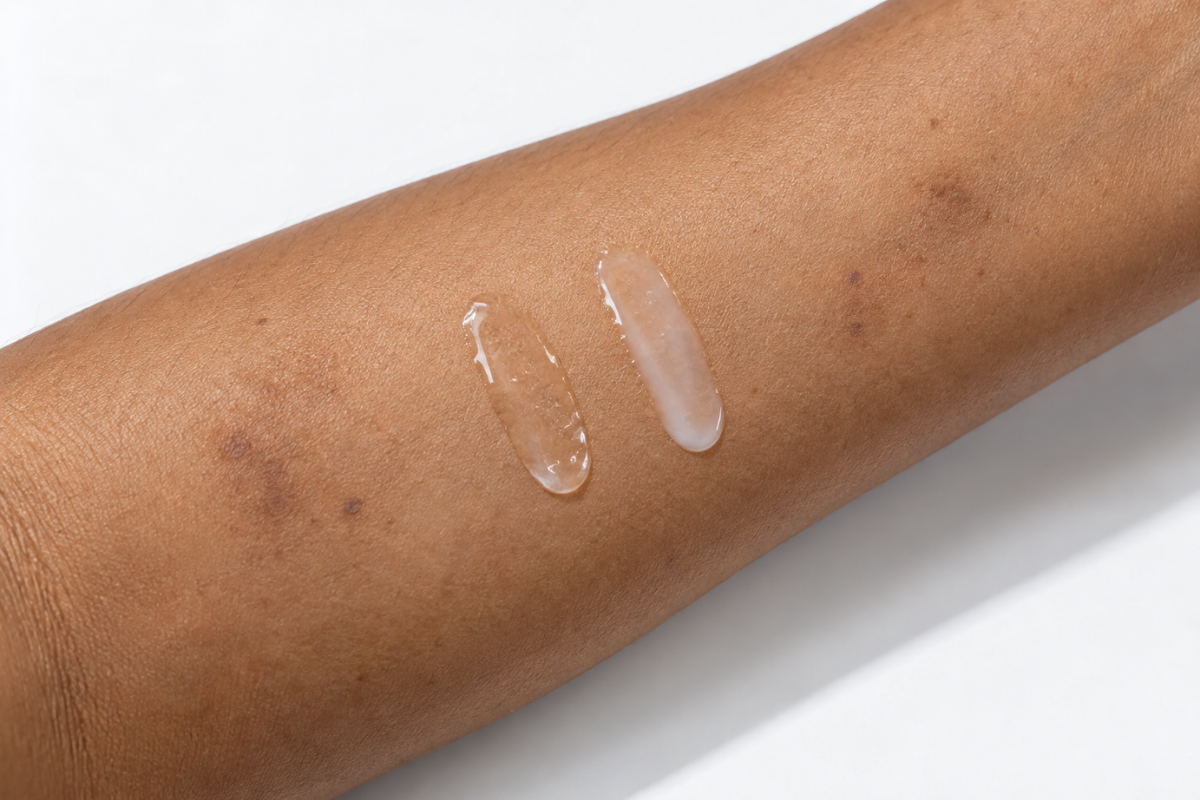 Two brightening skincare textures applied to skin with visible dark spots