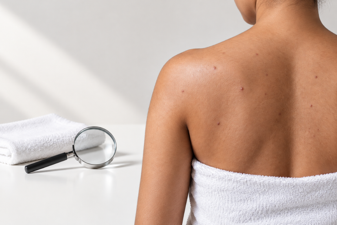 Woman with visible acne-like bumps on her upper back and shoulders 