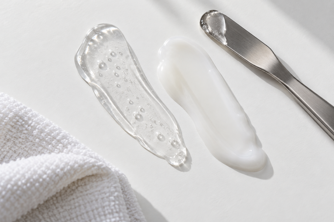 Clear gel and white cream skincare textures on a white surface beside a metal spatula and towel