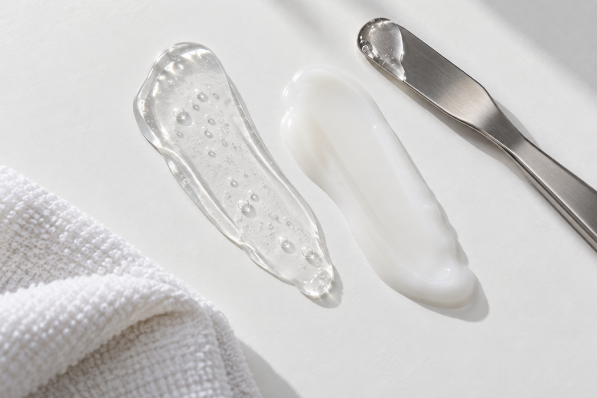 Clear gel and white cream skincare textures on a white surface beside a metal spatula and towel
