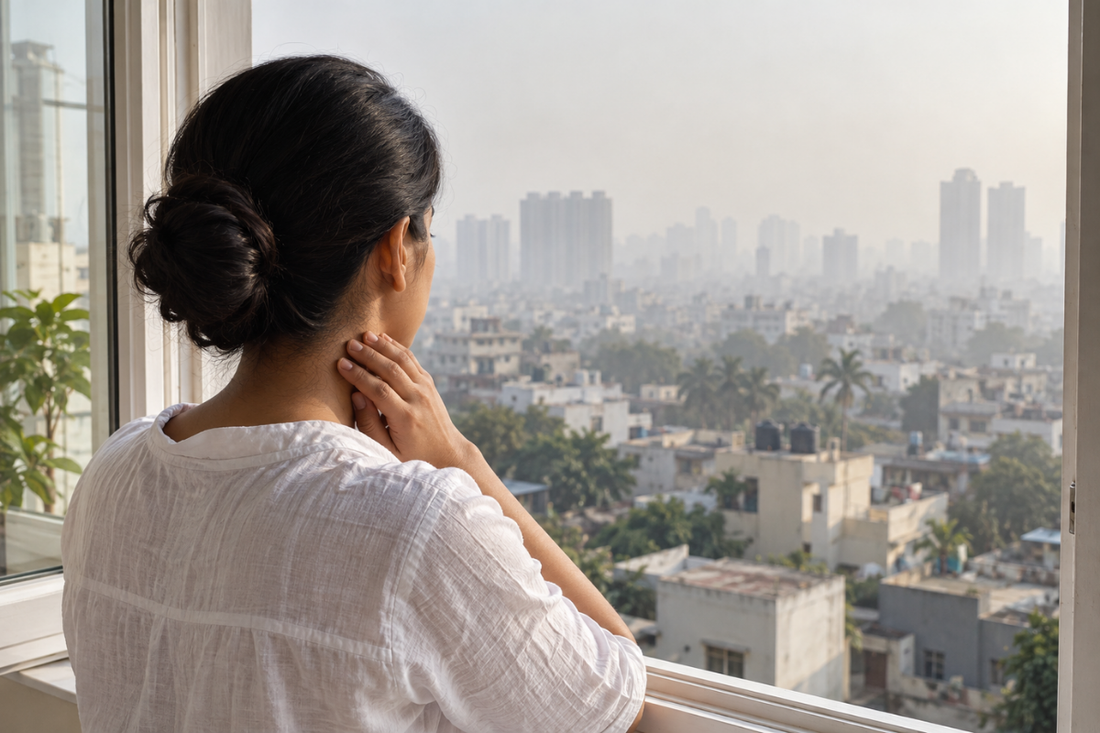 Woman looking out of a window at a city skyline covered in air pollution and haze