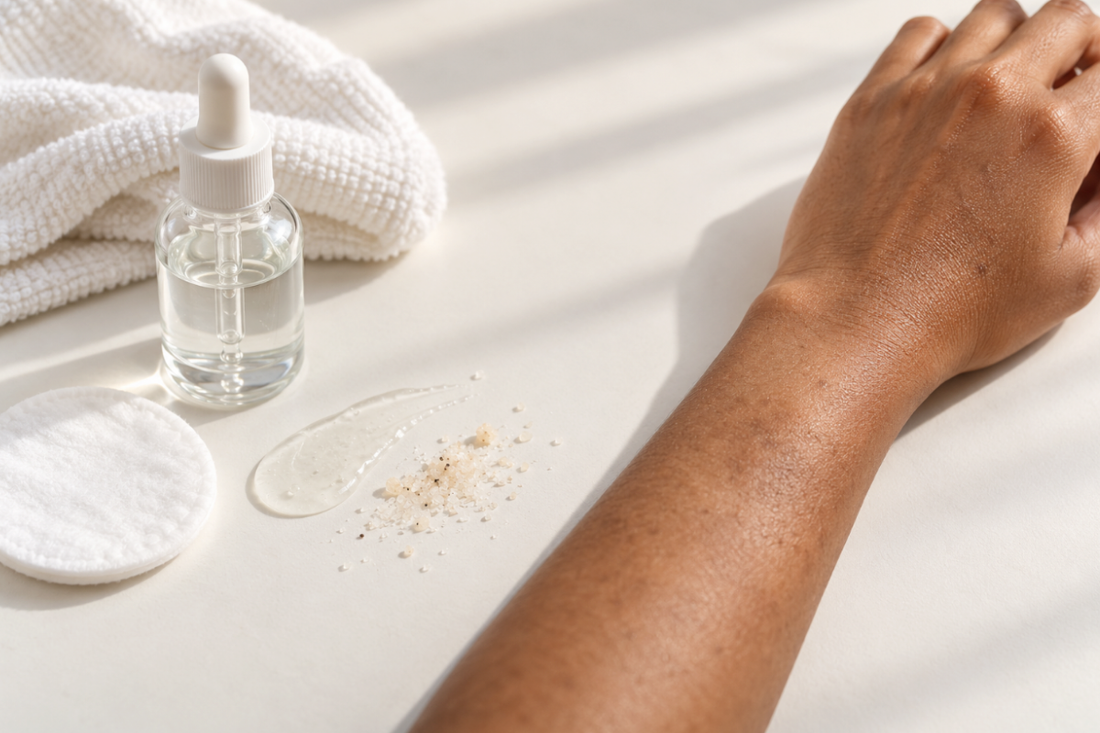 Close-up of an arm with uneven skin tone beside a skincare serum bottle, exfoliating granules and a cotton pad