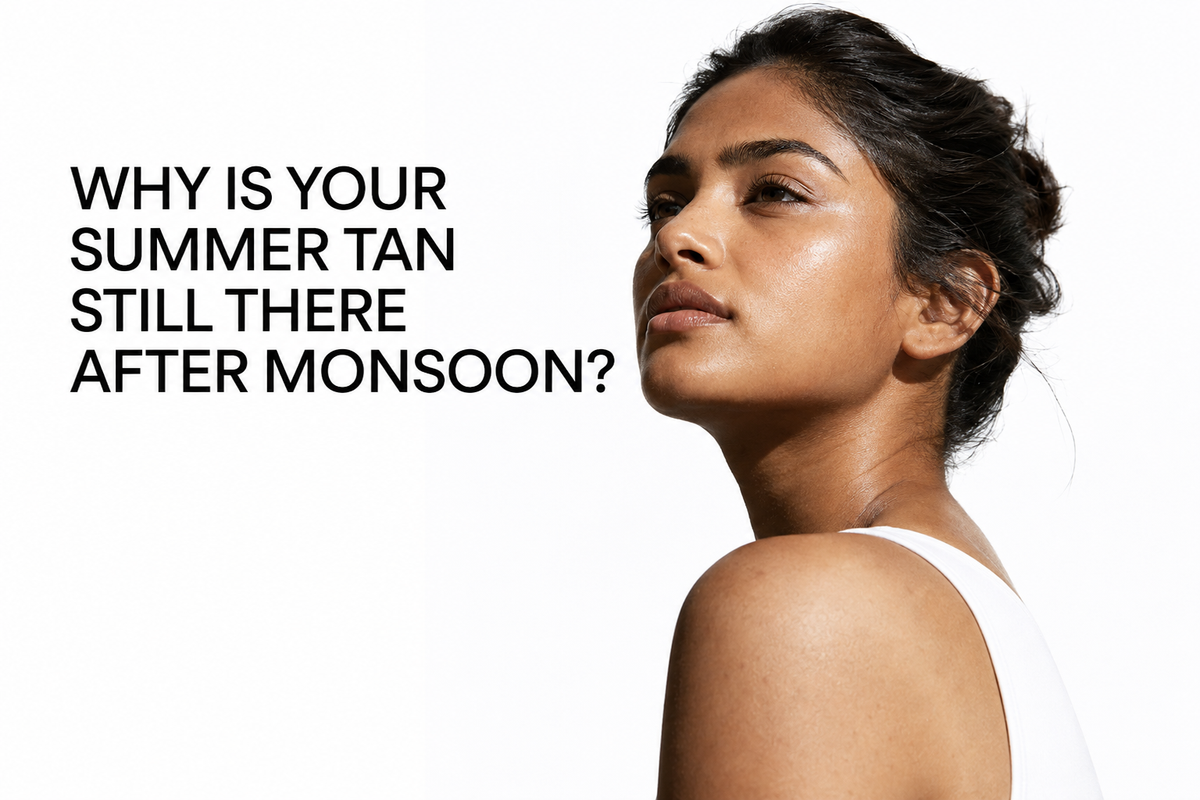 Indian woman with a visible summer tan photographed against a white studio background, illustrating why tanning can remain after monsoon.