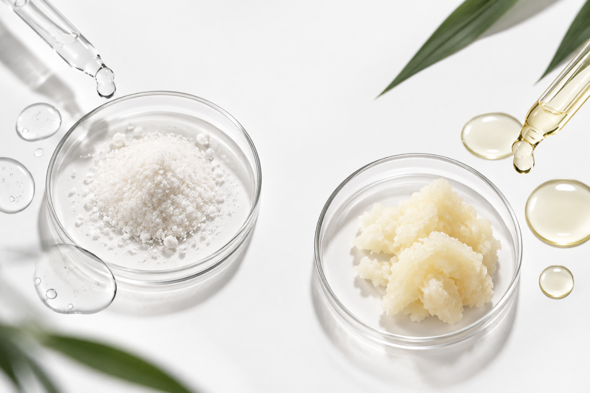 Kojic acid and kojic dipalmitate shown in water-soluble and oil-soluble forms
