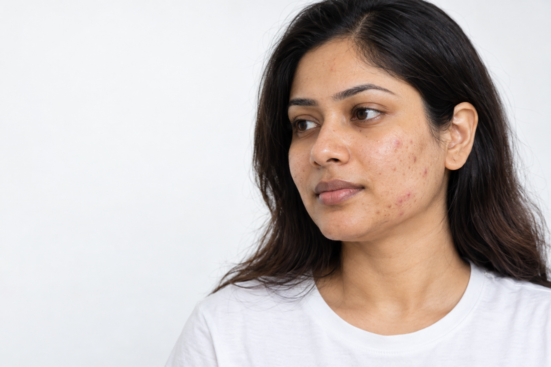 Woman with adult acne and post-acne marks on her cheek