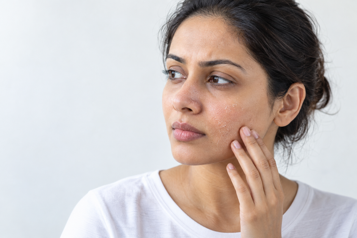 Woman with dry, flaky facial skin during winter