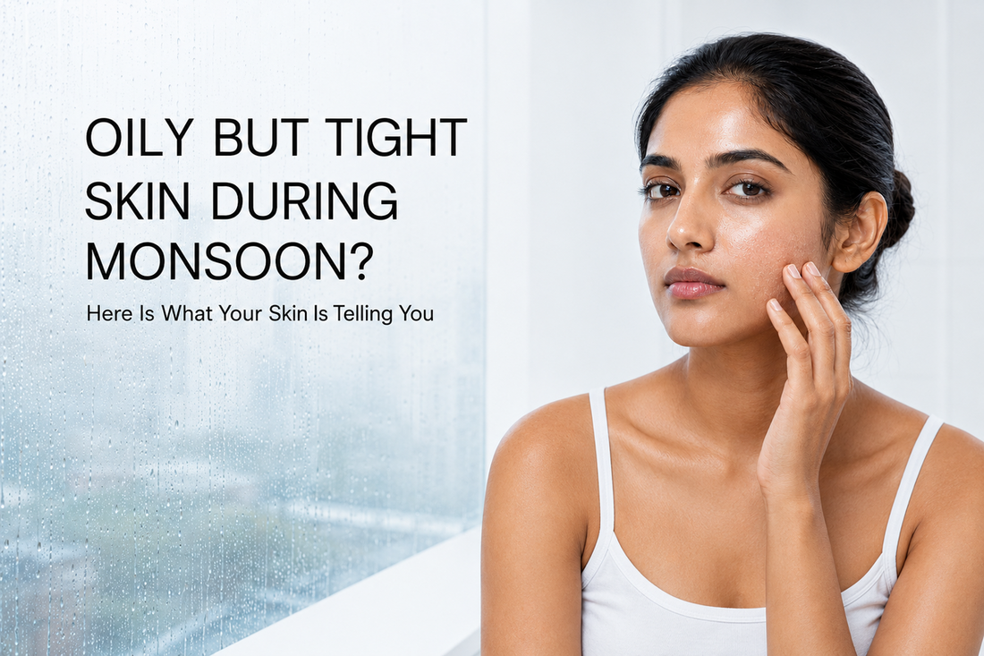 Indian woman with oily but tight skin during monsoon, illustrating dehydration, excess oil and gentle cleansing.